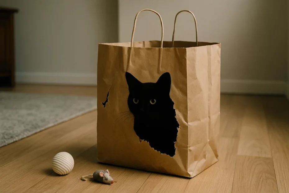 Кішка в паперовому пакеті, що виглядає з отвору