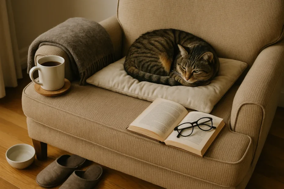 Кіт на затишному кріслі біля пледа