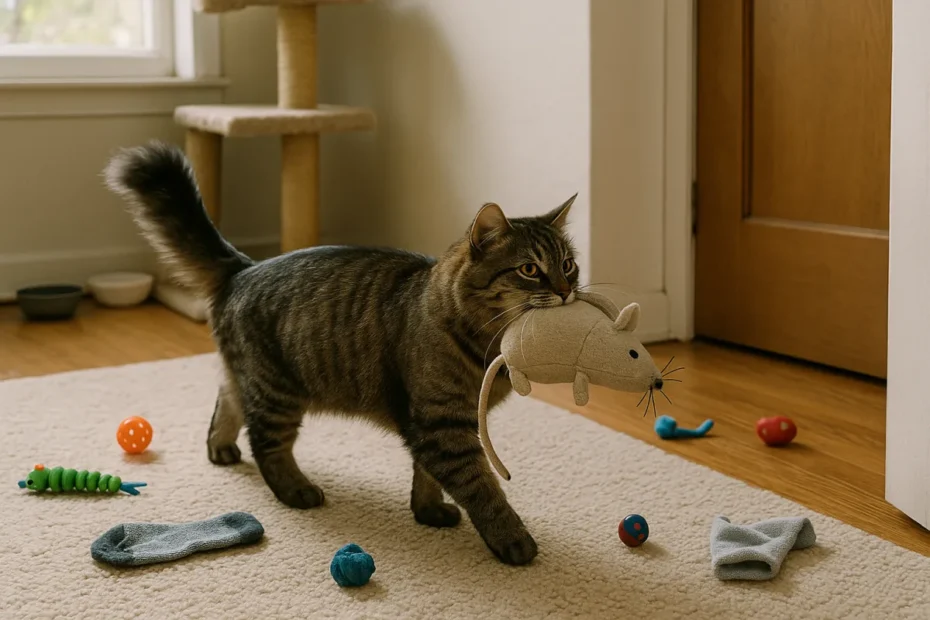 Кіт несе іграшку господарю