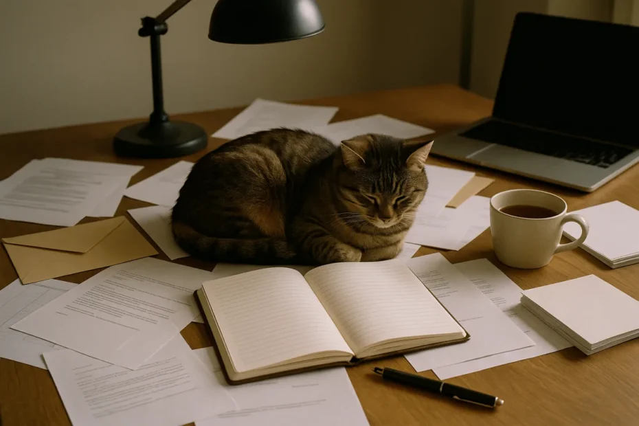 Кіт сидить на розкиданих документах на столі