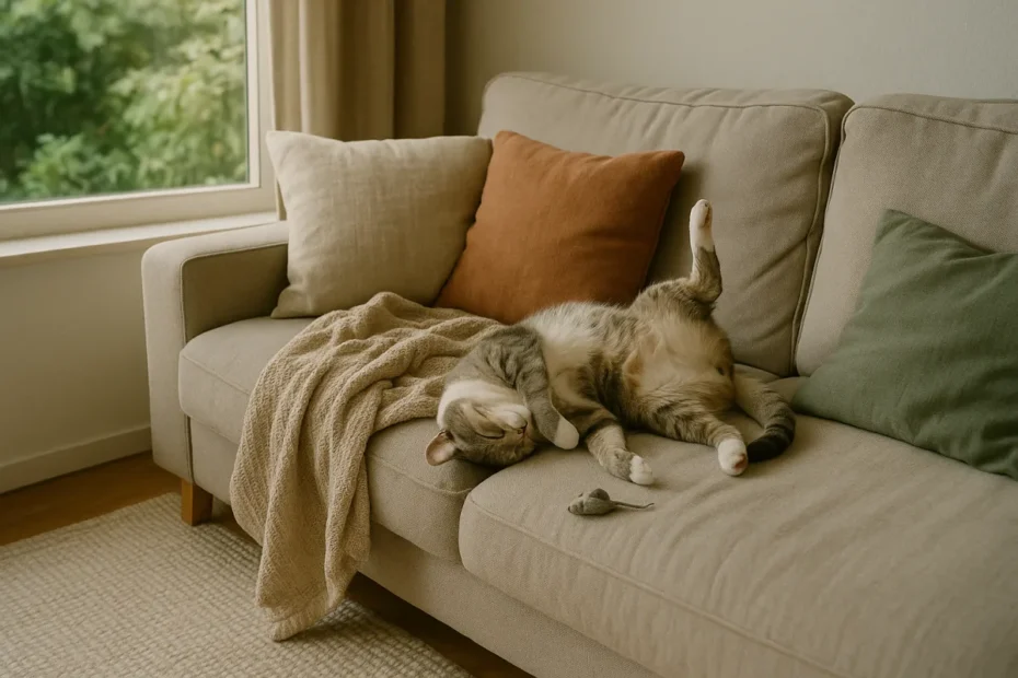 Кіт спить в незвичній позі на дивані