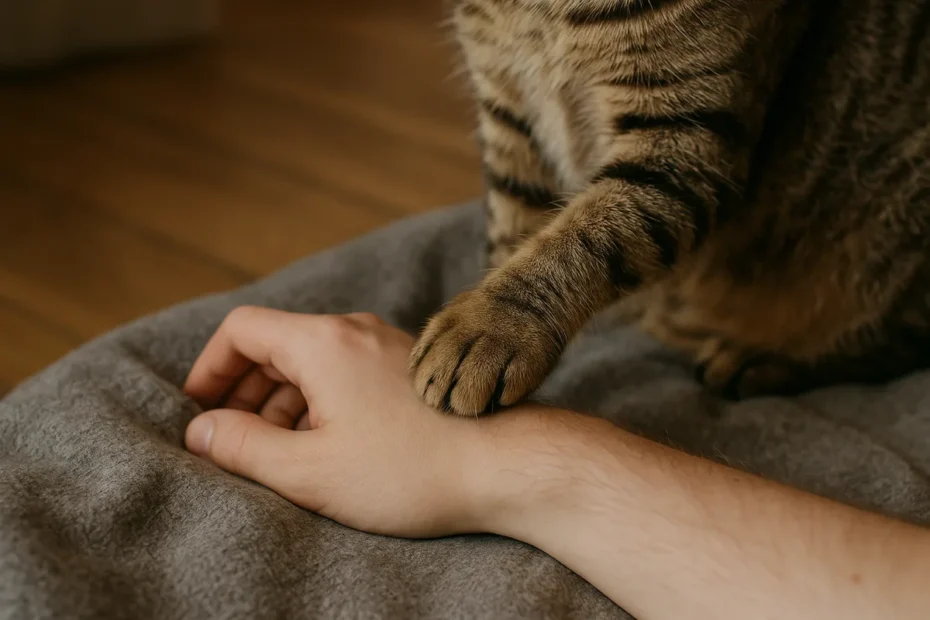 Кішка торкається лапою людської руки