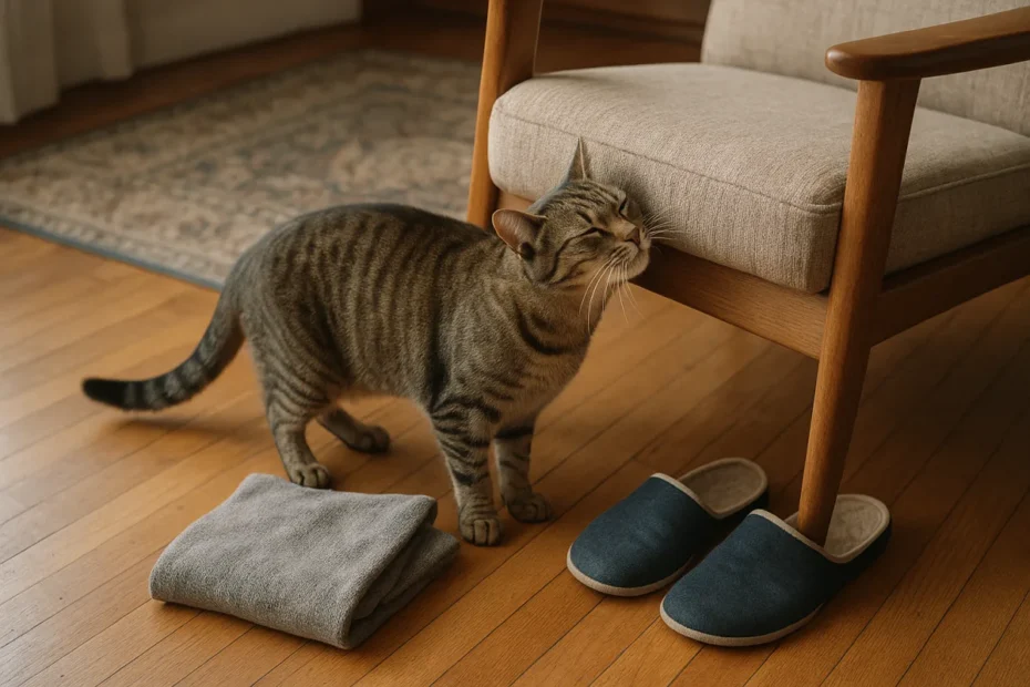 Кіт третяється боком об крісло з кофтою