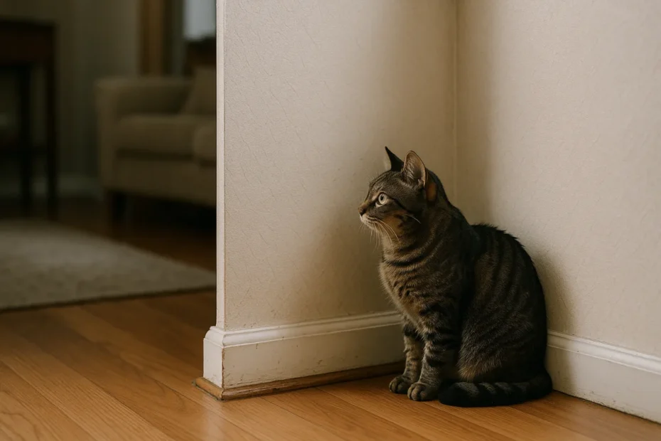 Кіт дивиться в порожній кут кімнати
