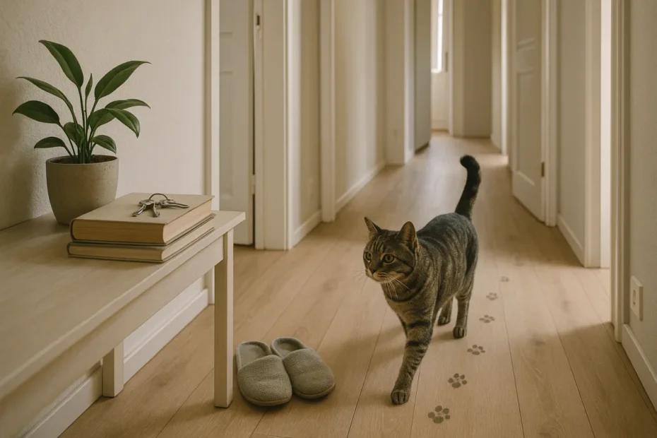 Кіт у коридорі поряд із відкритими дверима