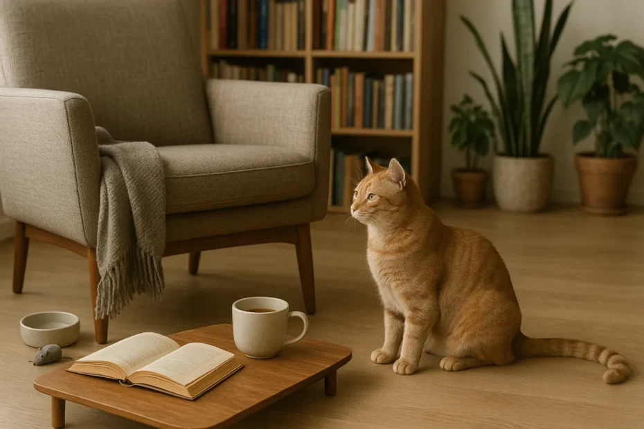 Кішка сидить поруч і дивиться