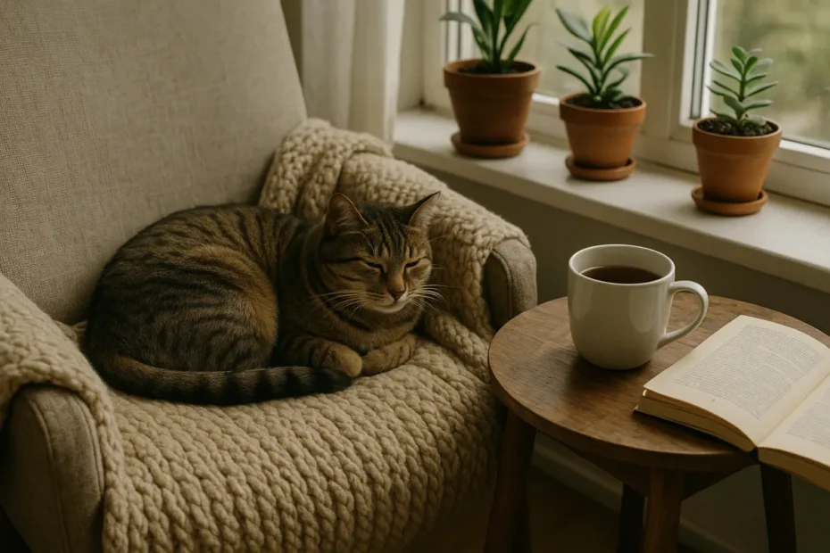 Кіт муркоче на пледі