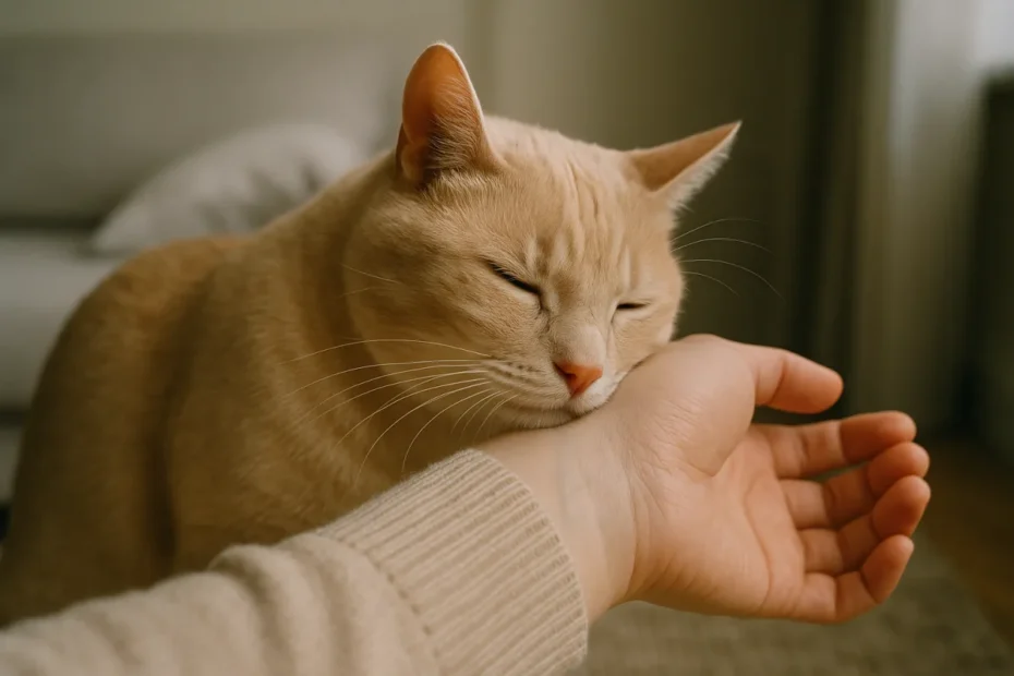 Кішка торкається головою до людської руки