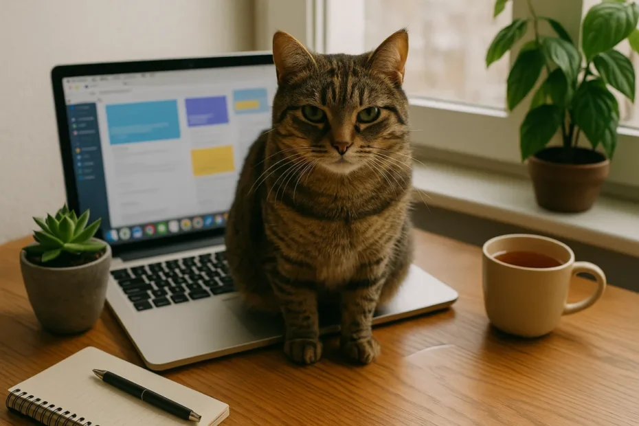 Кішка сидить на відкритому ноутбуку на робочому столі