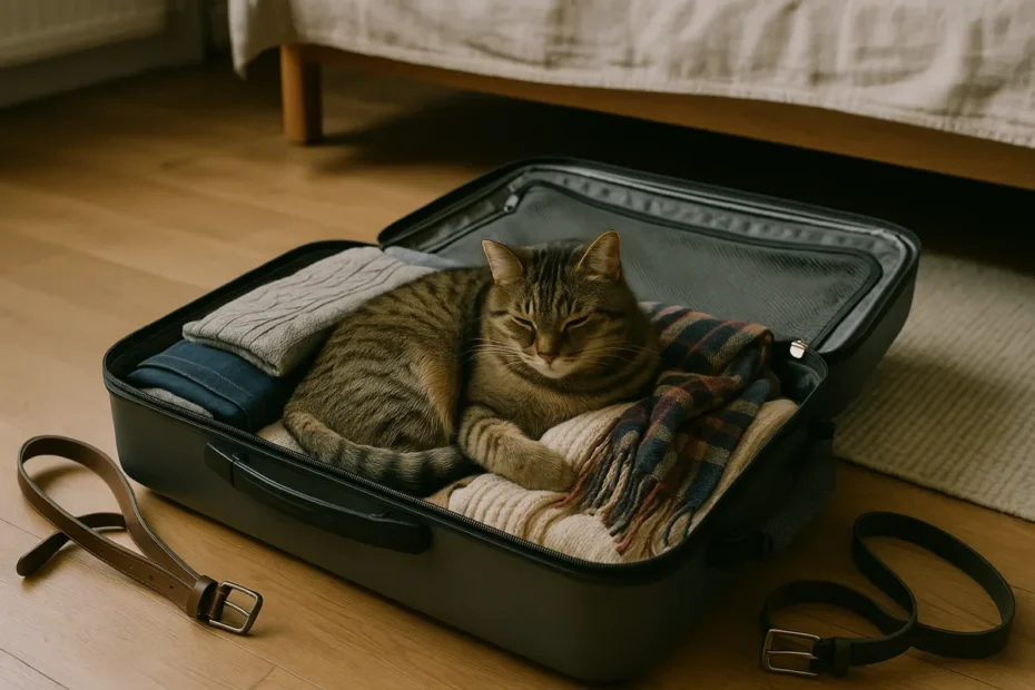 Кіт у відкритій валізі серед одягу