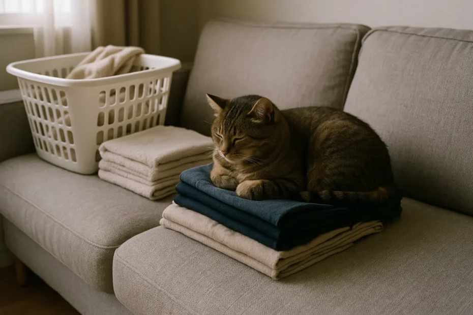 Кіт лежить на стопці складеного одягу