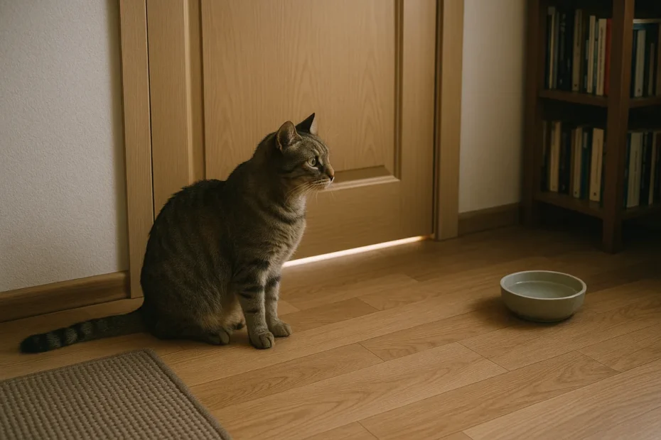 Кіт сидить біля дверей і дивиться назовні