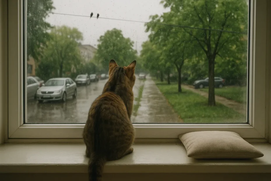 Кіт на підвіконні, що спостерігає вулицю