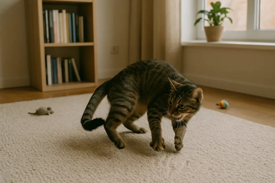 Кіт ганяється за власним хвостом у кімнаті