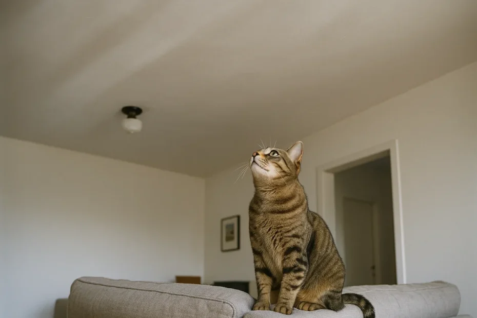 Кіт дивиться вгору на стелю